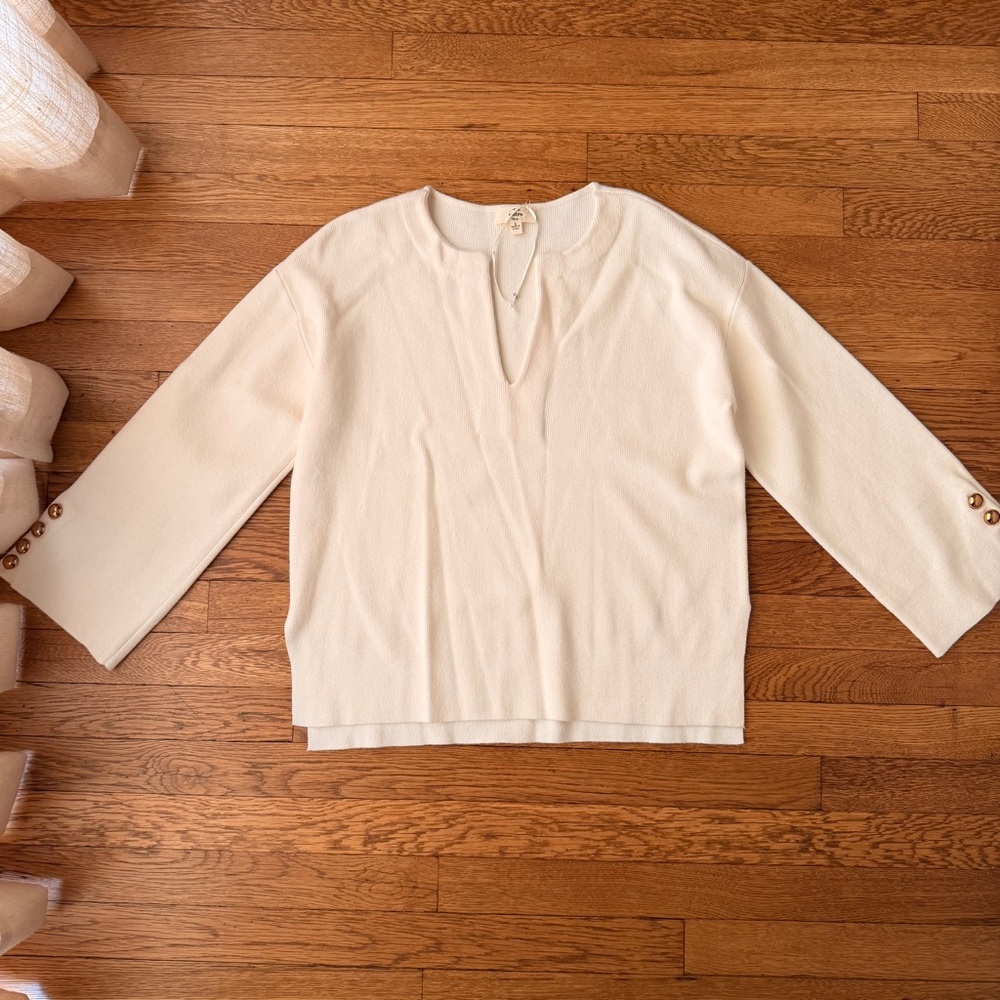 Cream Knit Split-Neck Sweater With Button Cuff De… - image 1